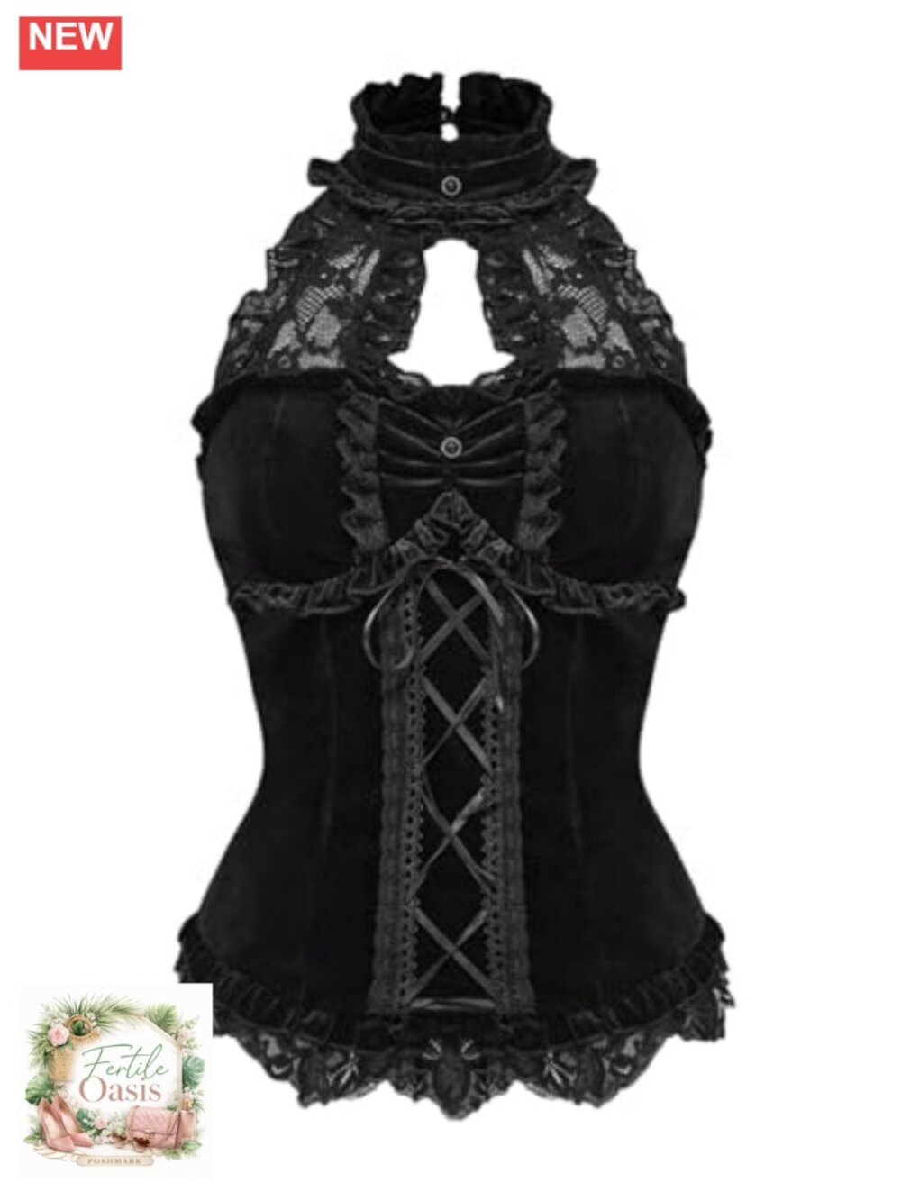 Women's Gothic Lolita Lace Velvet Halter Top Ruched Ruffle Trim